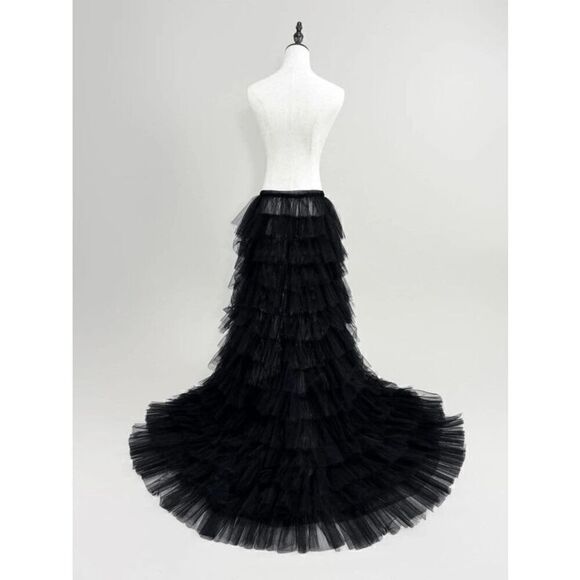 🖤 NEW Goth Tier Layered Tulle Mesh Petticoat Train Wrap Hi-Lo Black Open Skirt - Picture 3 of 17